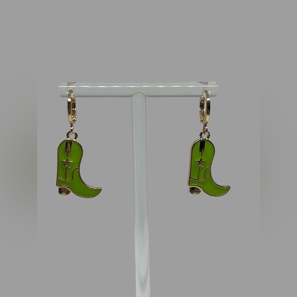 Gold and Green Cowboy Cowgirl Boot Earrings - Picture 1 of 3